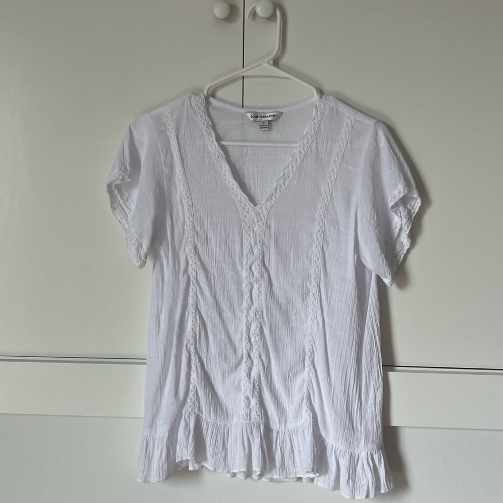 Counterparts White V-Neck Lace Trim Blouse